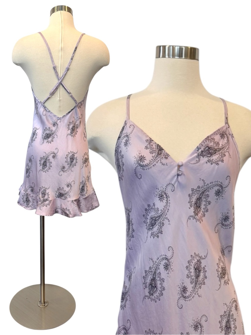 Y2K Victoria’s Secret 100% Silk Pastel Purple Paisley Crisscross Back Slip Dress